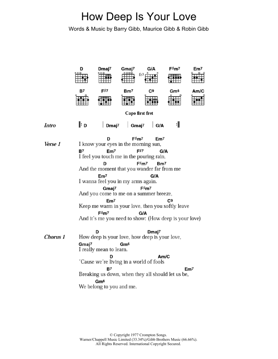 How Deep is Your Love Chords Piano  